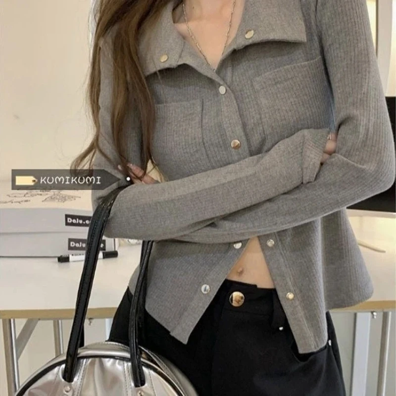 Trend Button Pockets Patchwork T Shirts Long Sleeve Solid Neck Simplicity Fashion Tops Spring Autumn Trend Women Clothing