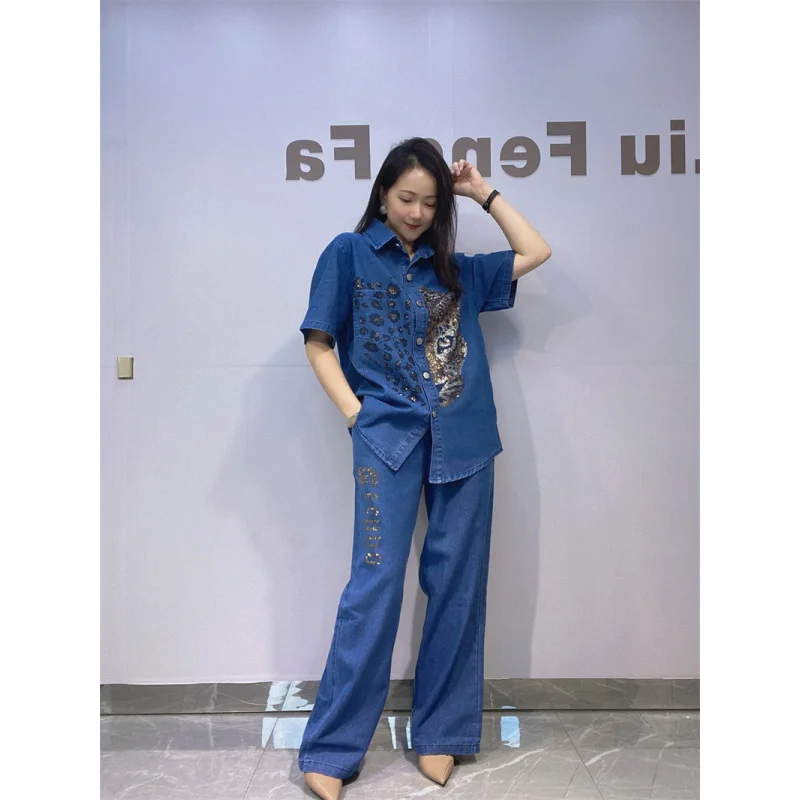 

Cross-border European and American foreign trade plus-size women's denim set with rhinestone short-sleeve shirt and high-waisted