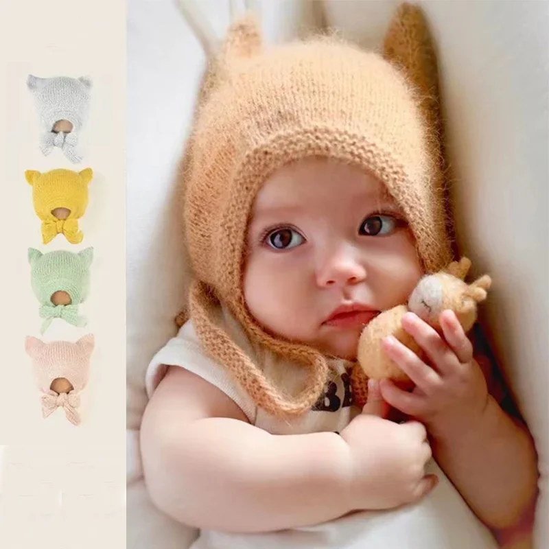 Newborn Cat Ears Hat Cartoon Animal Plush Rabbit Pullover Hat Autumn and Winter Children\'s Warm Merino Wool Kawaii Beanie Hat