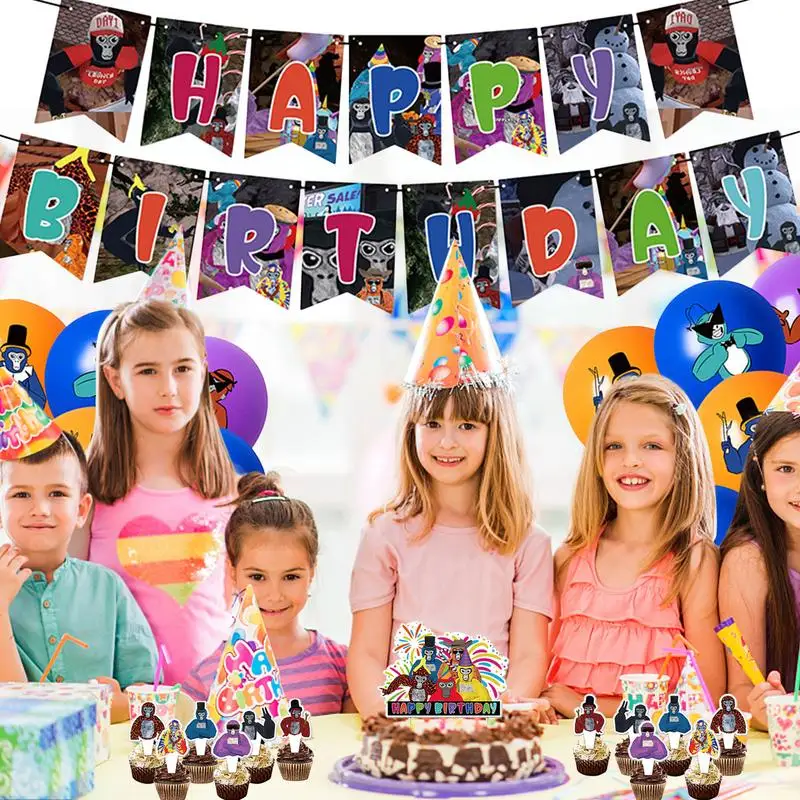 Children Birthday Balloon Set Happy Birthday Gorilla Tag Party Banner Cake Toppers Boys Girls Birthday Party Decoration Supplies