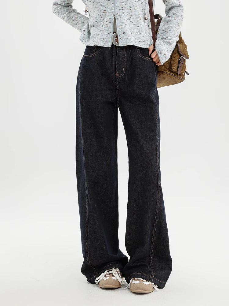 

Прямые широкие джинсы с высокой талией, универсальные утягивающие повседневные женские джинсы с застежкой-молнией и стойкой глубокого цвета