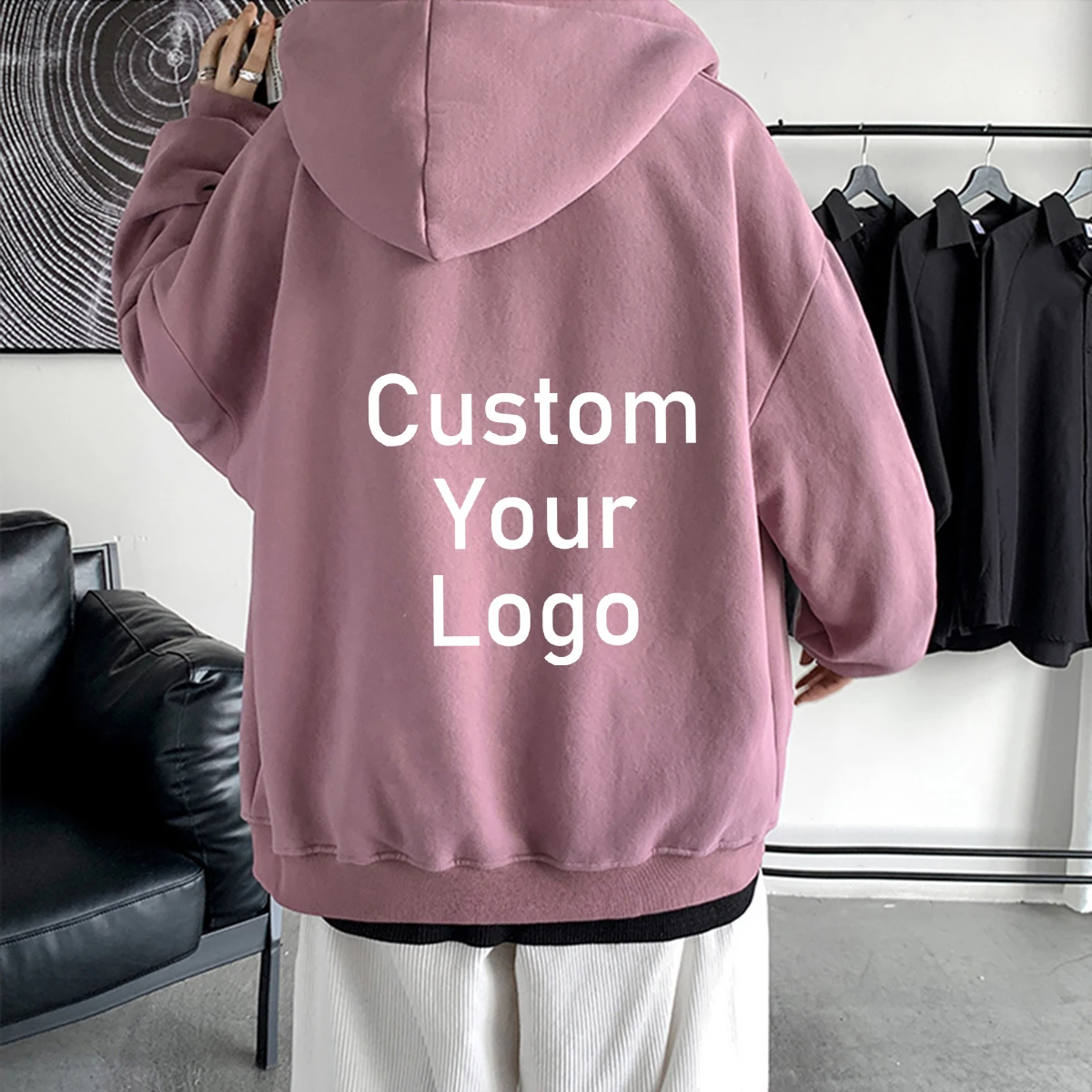 Men\'s Zipper Hoodies Sweatshirts 600/Gsm Custom Make Your Own Design Logo Texts Loose Oversized Solid Hooded Sweatshirts