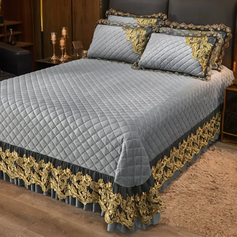 AI WINSURE-Luxury Lace Velvet Bedspread Set, Thick Soft Bed Sheet, Queen Size Coverlets, with 2 Pillow Covers, 3Pcs, for Winter