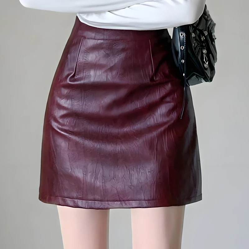 

Осень-зима, окрашенные в стиле ретро, юбки из искусственной кожи, женская корейская модная уличная одежда, утягивающая мини-юбка трапециевидной формы с высокой талией