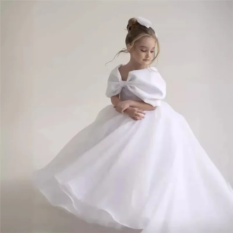 

Baby Girl Princess Big Bow Long Dress White Toddler Child Elegant Shoulderless Vestido Wedding Birthday Party Baby Clothes 2-14Y