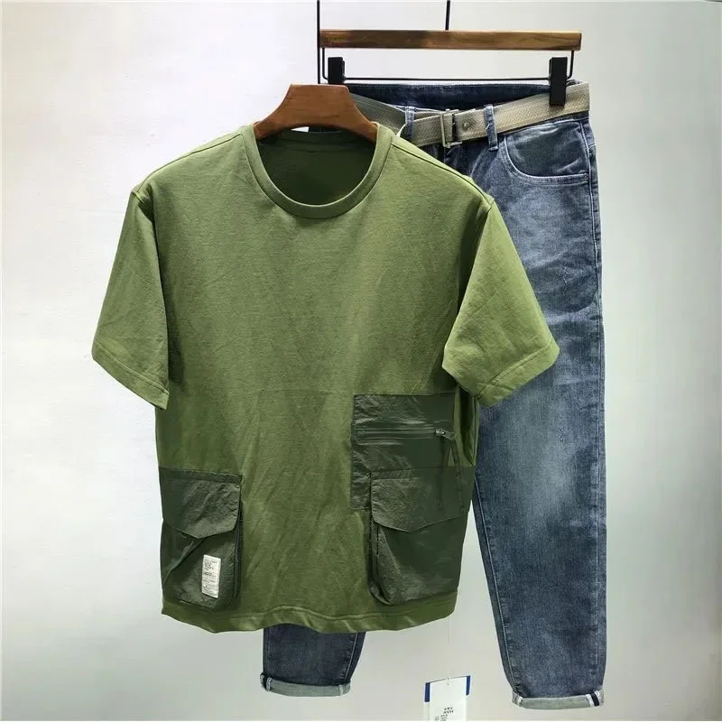 Minimalist Summer New Men\'s Crew Neck Solid Color Spliced Pockets Zipper High Street Trendy Loose Short Sleeve T-shirt Tops