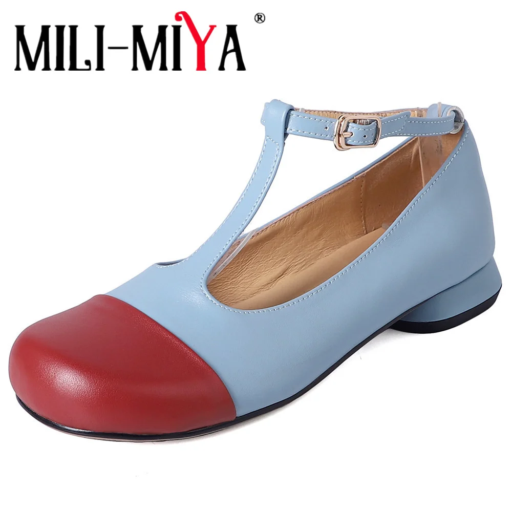 

MILI-MIYA New Arrival Women Full Genuine Leather Mixed Color Splicing Round Toe Thick Heels Buckle Strap Casual Street Shoes