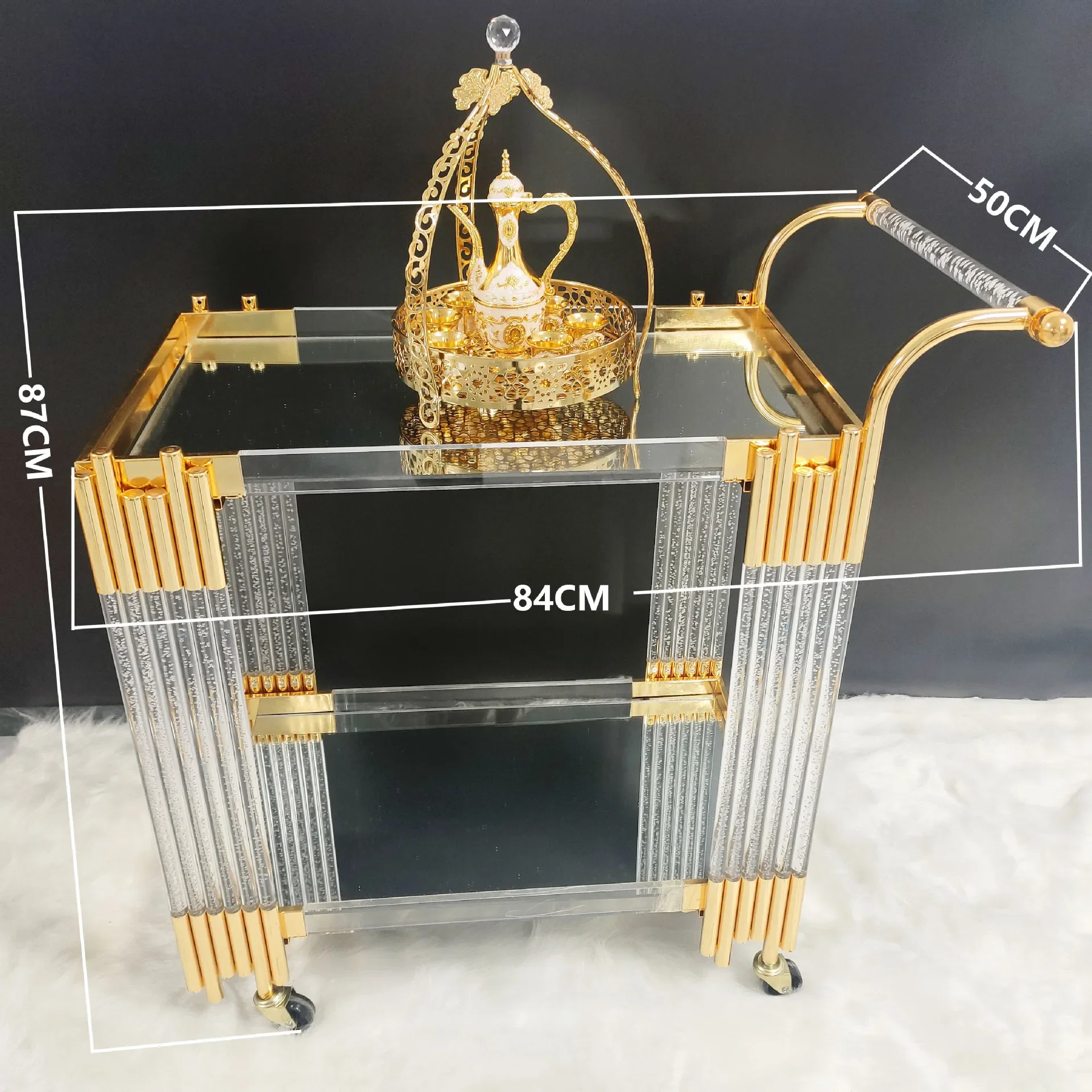 Metal Hotel Bar Cart Golden, Wheeled Party Mobile Bar Cart European Style