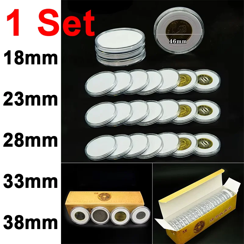 Coin Capsules Storage Box Clear Plastic Coin Cases Holders Protector Coin Capsules Storage 18/23/28/33/38mm Inner Ring Gasket