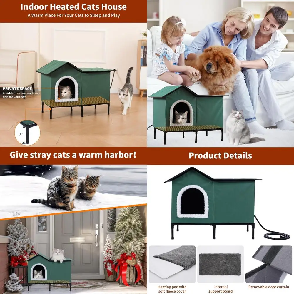 

Зеленый большой утепленный домик для кошек с подогревом и лежанкой для уличных и домашних животных