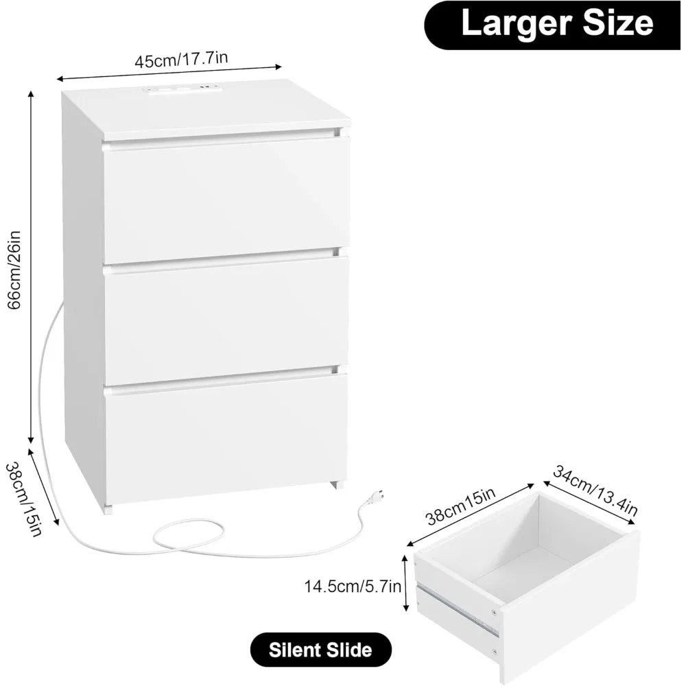 طقم منضدة بيضاء مكون من 2، حامل ليلي أبيض 26 بوصة مع محطة شحن، طقم منضدة 2 مع منافذ USB ومنافذ طاقة، سيلي