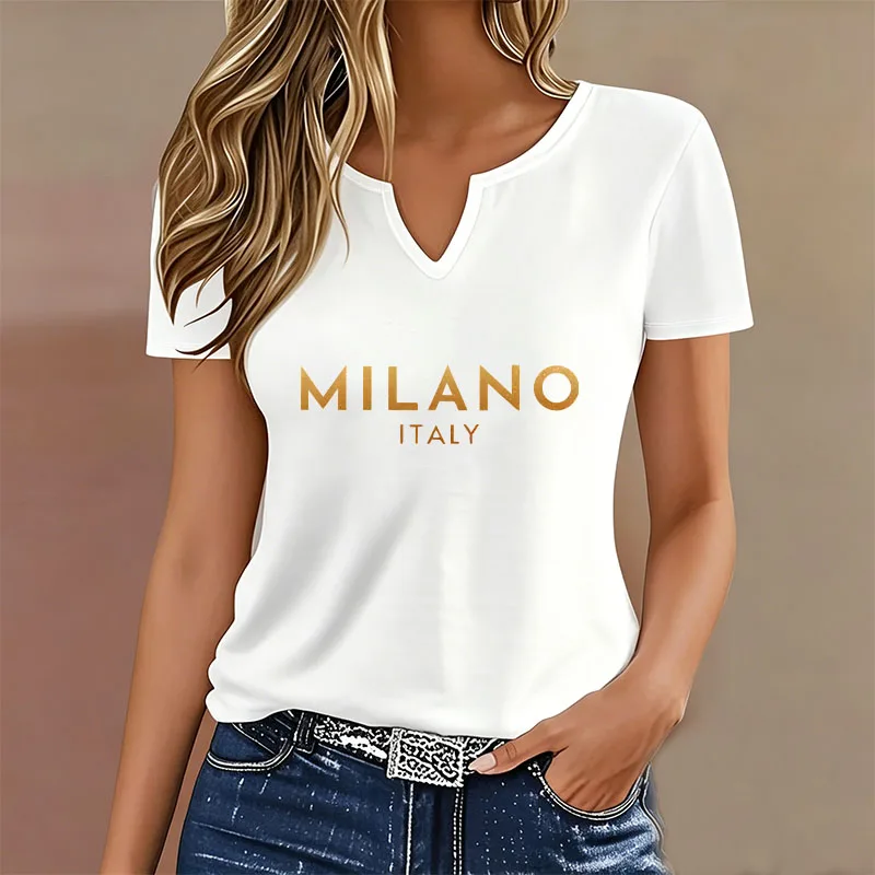 Fashion Casual T-shirt V Neck Milano Italia Letter Printed T Shirts Women Short Sleeve Tee Shirt V-Neck Summer Spring Tops