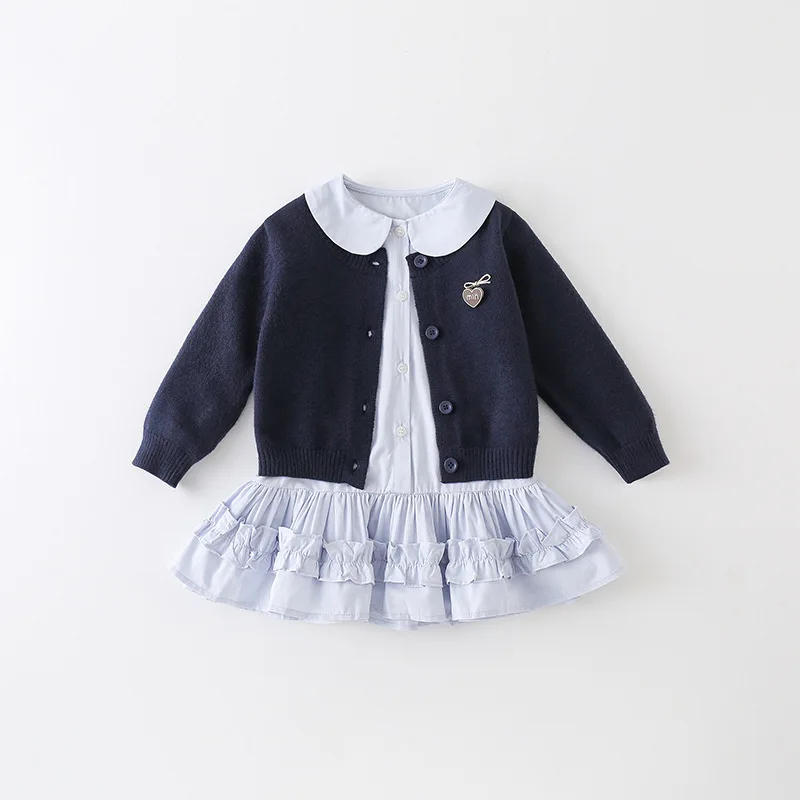 

Комплект для девочек, весенне-осенний детский вязаный свитер принцессы в студенческом стиле, пальто из двух предметов, рубашка в западном стиле, свитер