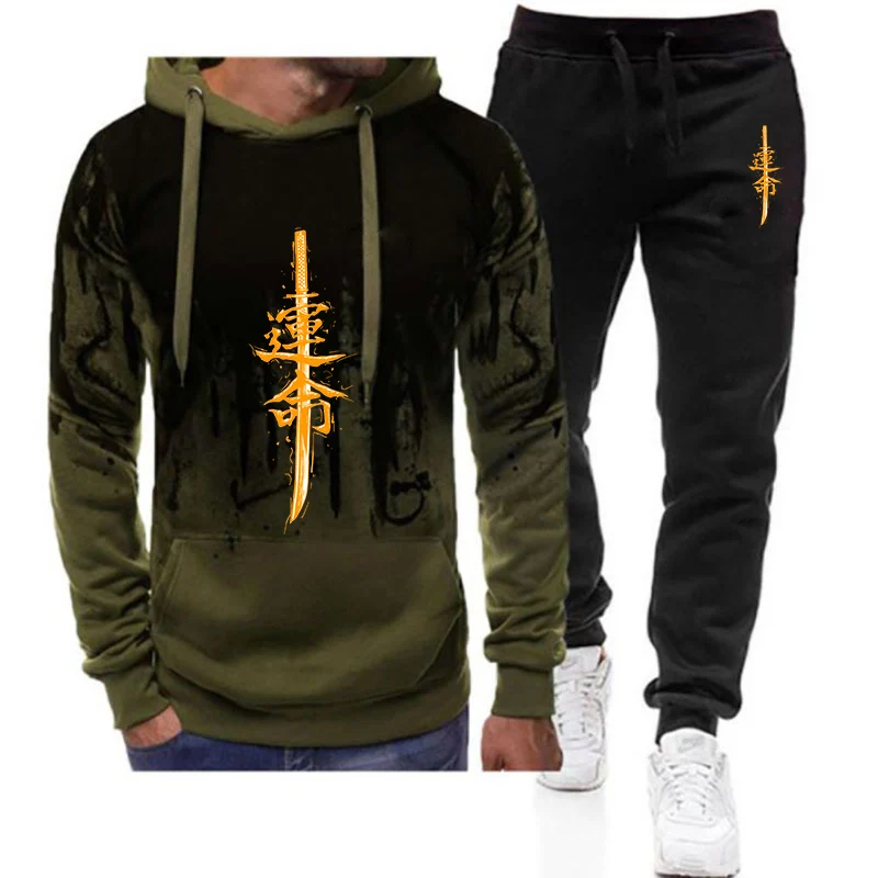 

Japanese samurai sword fate pattern 2025 Spring Autumn Men's New Harajuku Gradient Color Hooded+Pants Two Piece Casual Suit