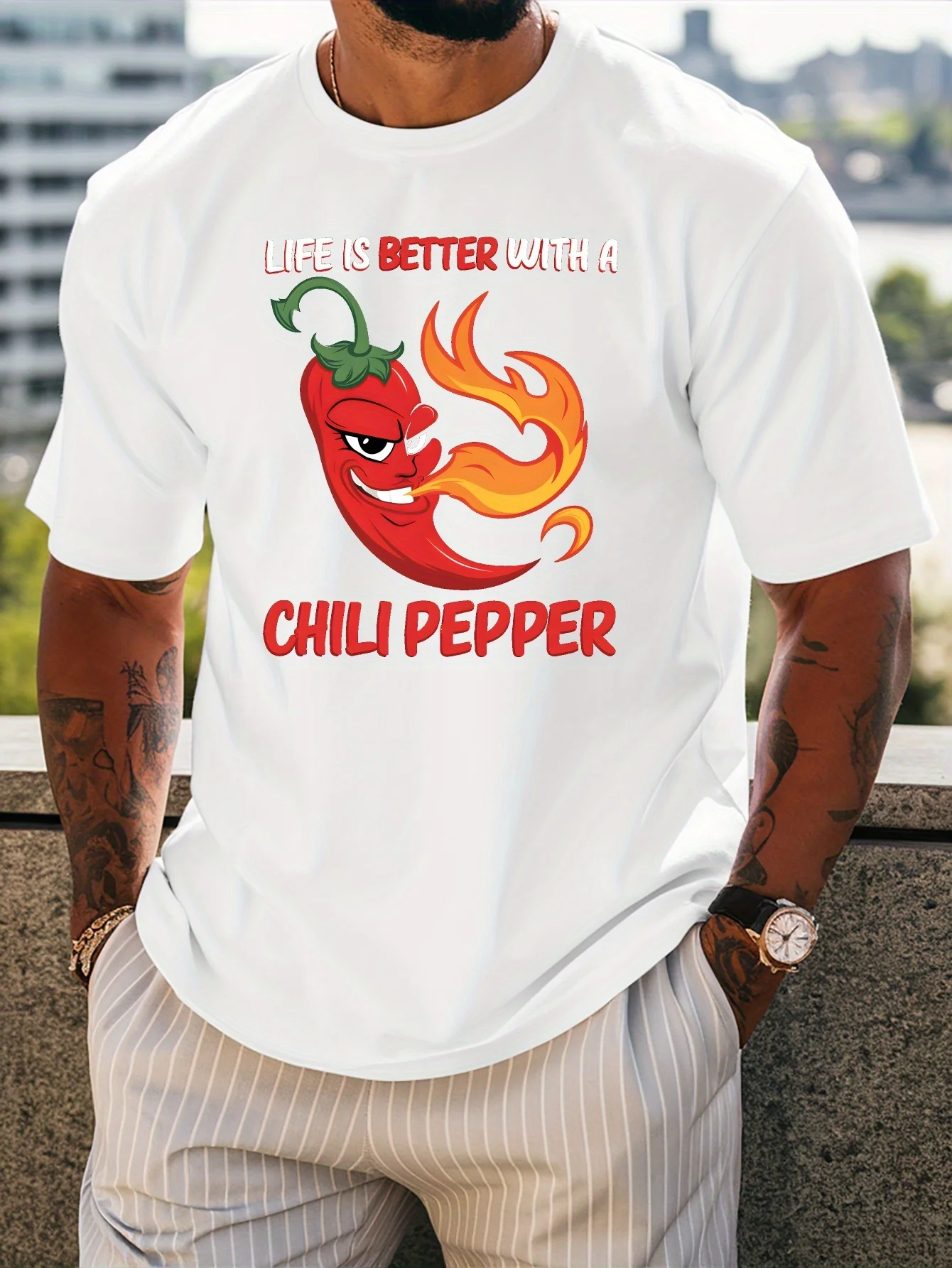 Life Is Better With A Chili Pepper Print Mens T Shirt Funny Spicy Food Lover Short Sleeve Crew Neck Cotton Tee Casual Daily Top