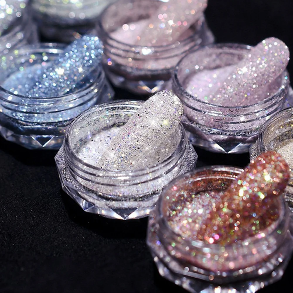 6/8Pcs Reflective Crystal Diamond Nail Art Powder Holographic Glitter  Micro Drill Chrome Pigment Sparkly Manicure Decorations *