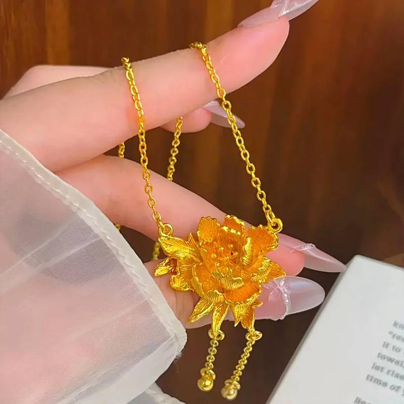 Luxury 24K 9999 Pure Gold real gold New Chinese Style Three-dimensional Peony Flower Tassel Necklace Women's Clavicle Chain