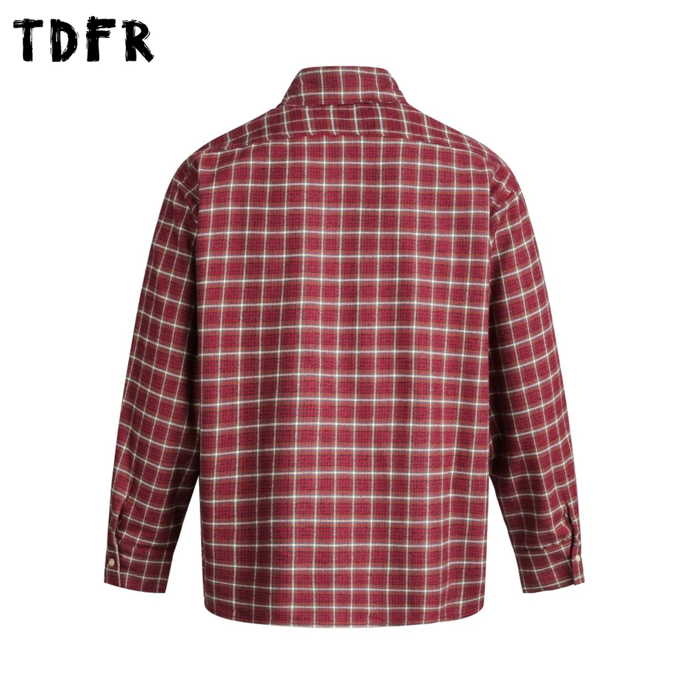 Retro Plaid Long Sleeve Shirts Mens Pocket Spring Casual Loose Single Breasted Lapel Cotton Checked Shirt Man