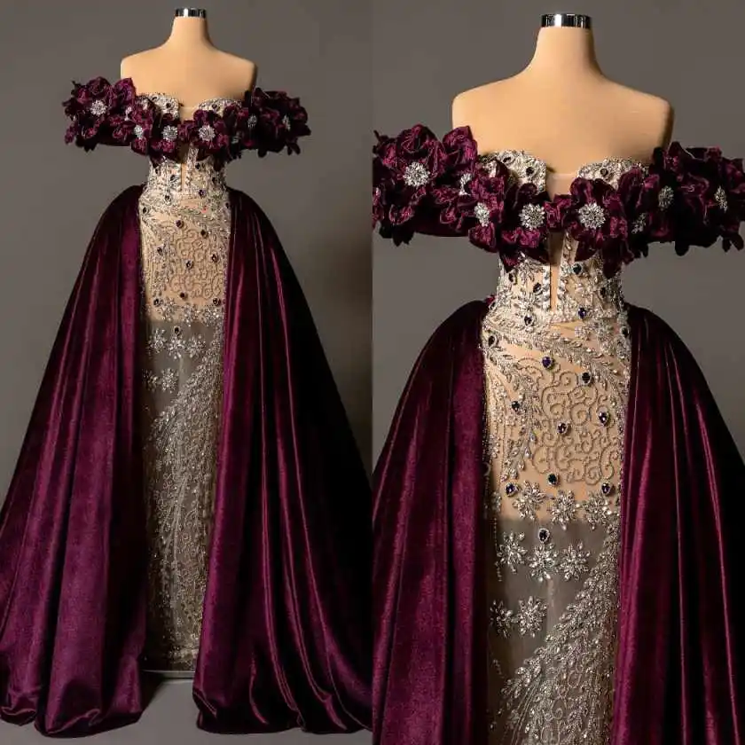

Luxurious Mermaid Prom Gowns Sleeveless Off Shoulder Evening Dresses Detachable Train Customized Vestidos De Noche