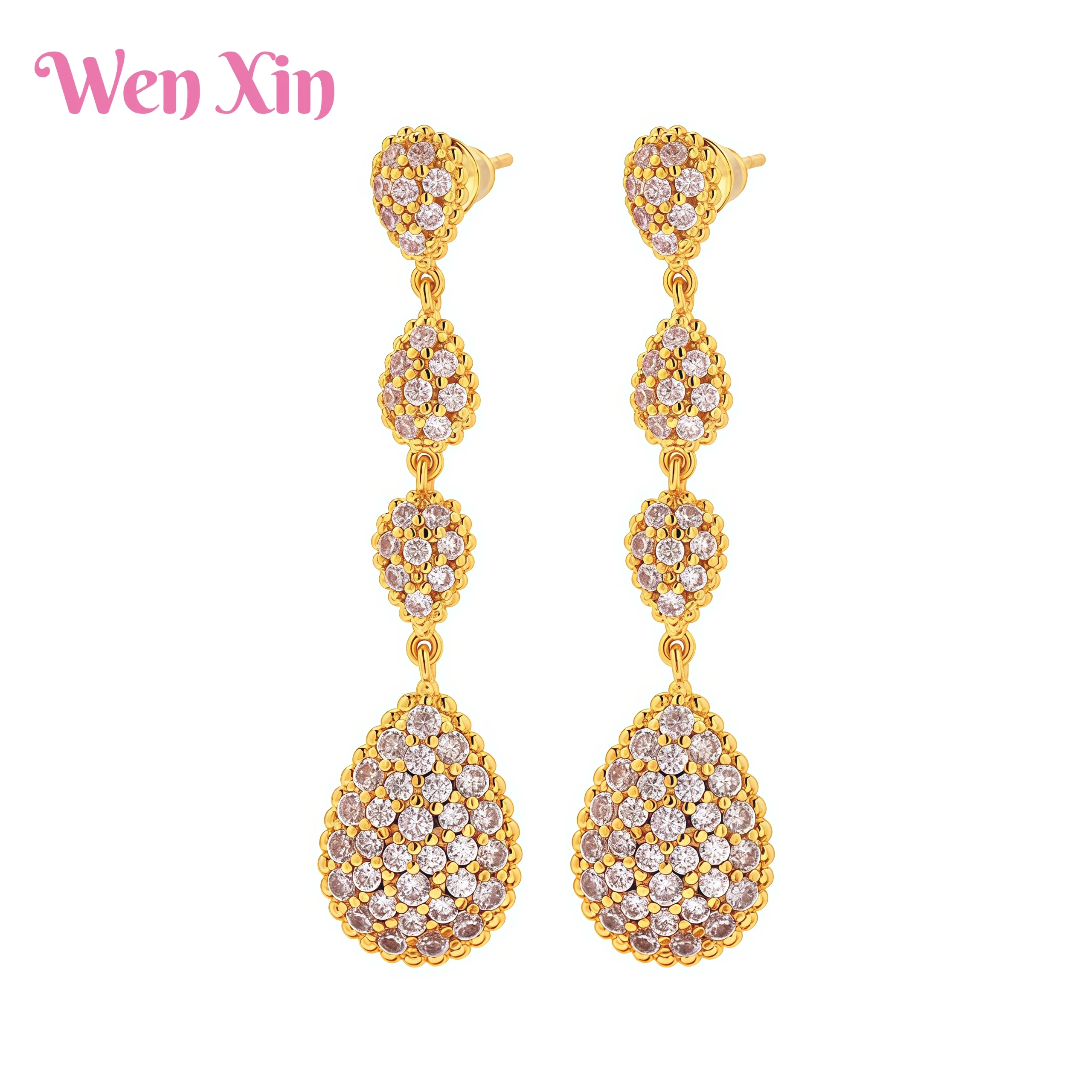 

WENXIN Top Quality Luxury Brand Jewelry Temperament Full Diamond Droplet Shaped Long Temperament Earrings Jewelry Women