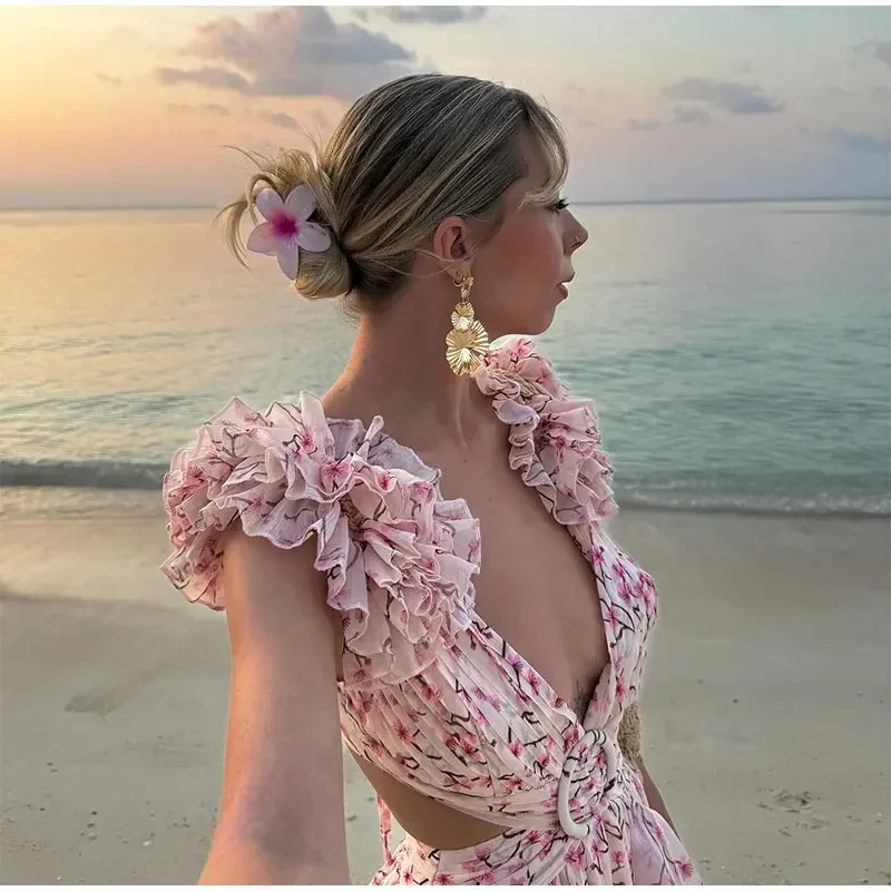 Sommer Frauen Blumen gedruckt rücken frei aushöhlen langes Kleid elegante V-Ausschnitt Falten kleider 2024 Dame Strand urlaub Vestidos