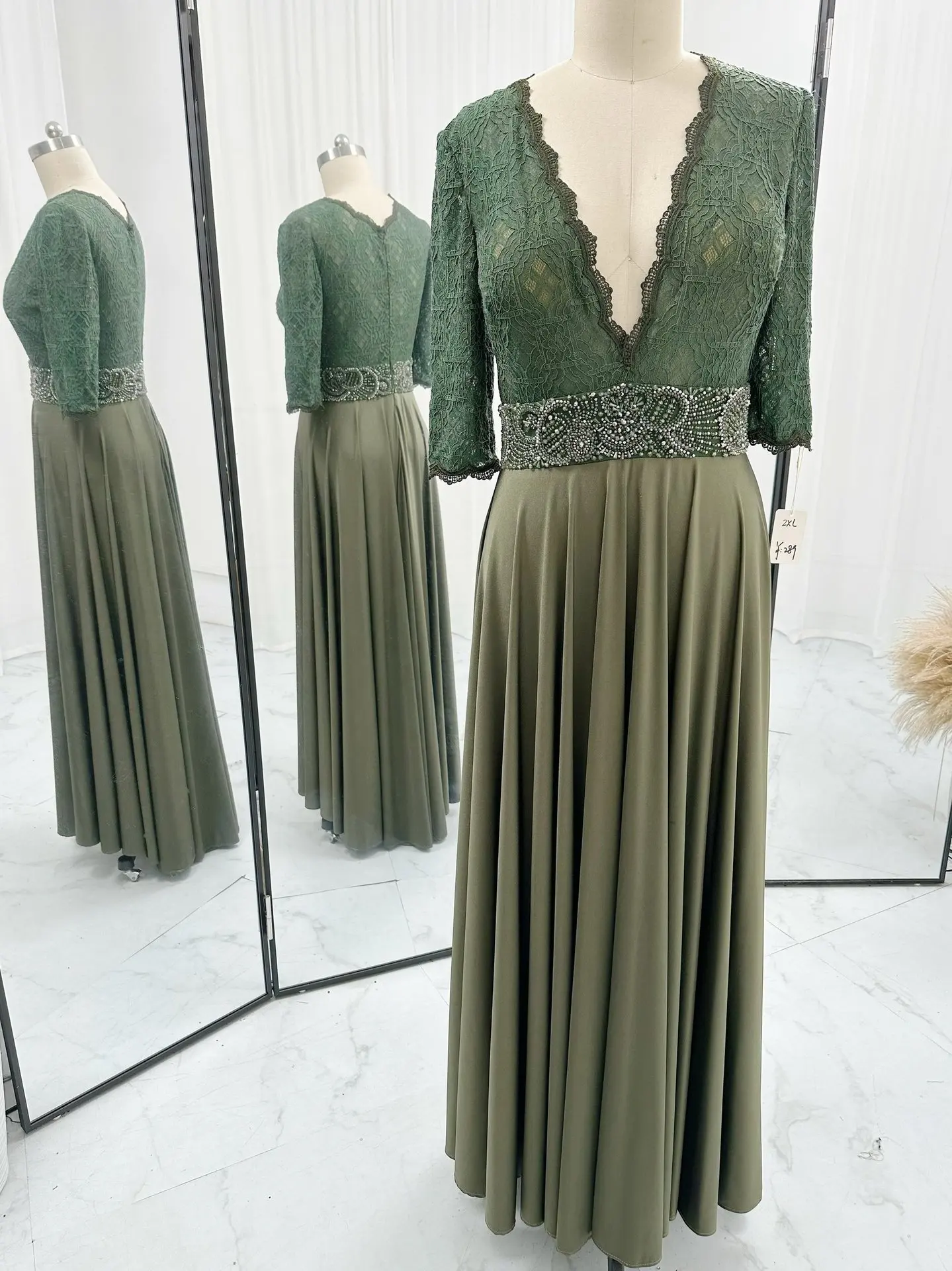 Army Green Elegant Dignified Lace Mid -Sleeve Deep V -Neck Evening Dress Skirt M1449