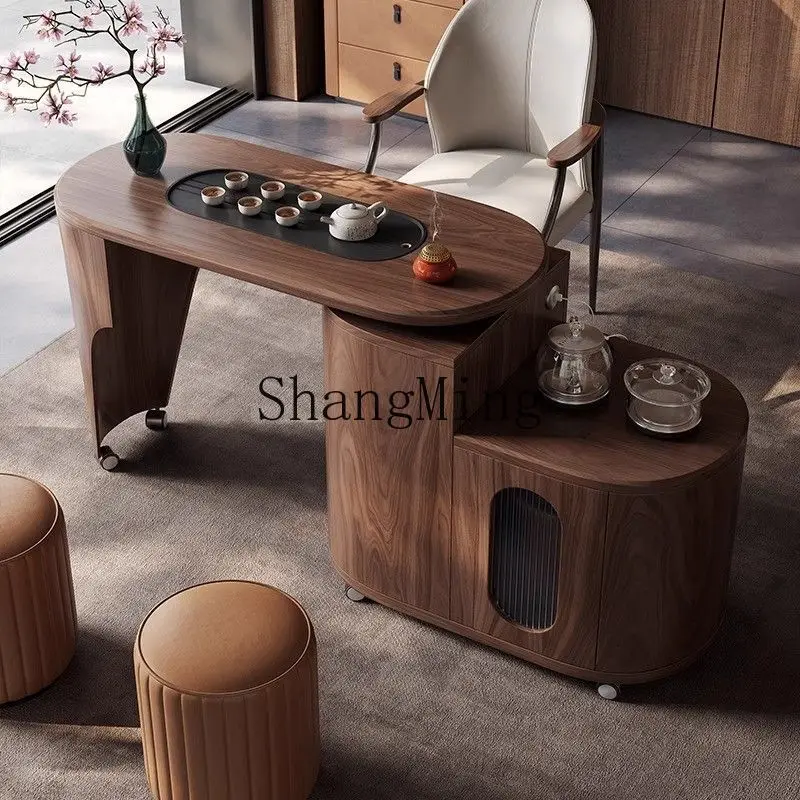 

CL Light Luxury Balcony Home White Wax Wood Solid Wood Mobile Tea Cart Simple Small Apartment Rotating Walnut Small Tea Table