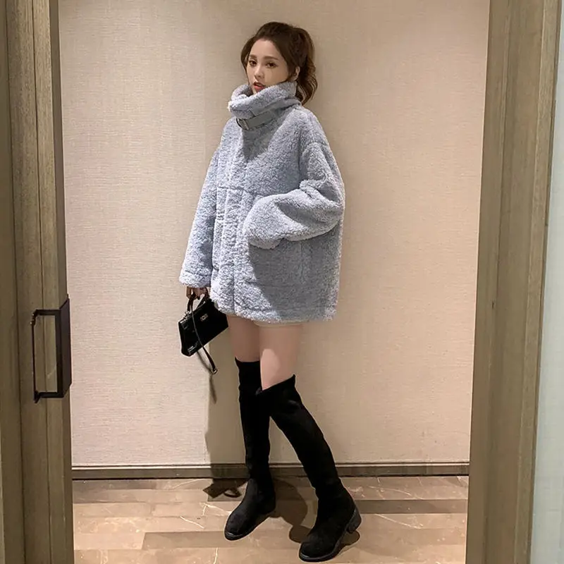 Cool Girl Punk Style Leather 2023 Autumn Winter Motorcycle Suit Imitation Mink Plush Jacket with Leather Buckle and Fur Coat