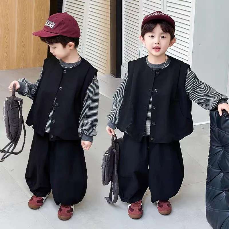 

2025 Autumn New Children's Solid Color Cool Vest and Striped Round Neck Hoodie and Pants Three Piece Set