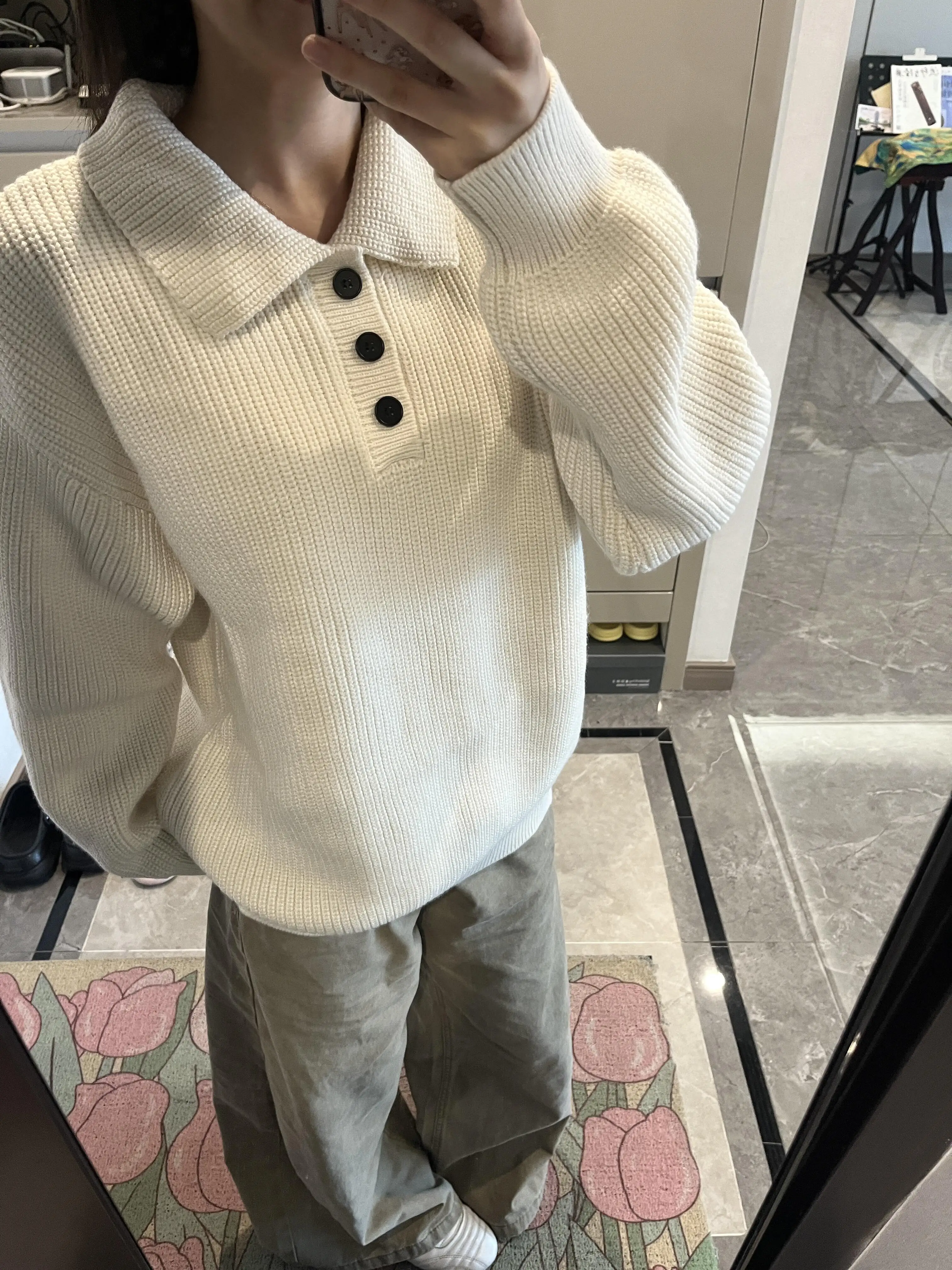 Retro American  Collar  Knitted Sweater Women's Loose Lazy Style Overhead Thick Needle Knitwear Top