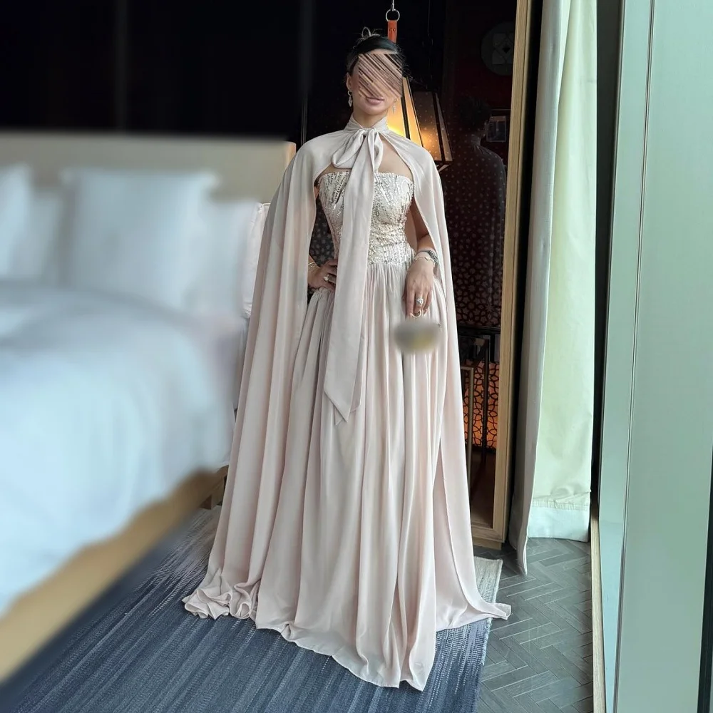 

Customized Elegant Long Shawl Evening Gown with Glitter Sequined A-line Long Dresses Formal Party Dresses for Wedding Guest