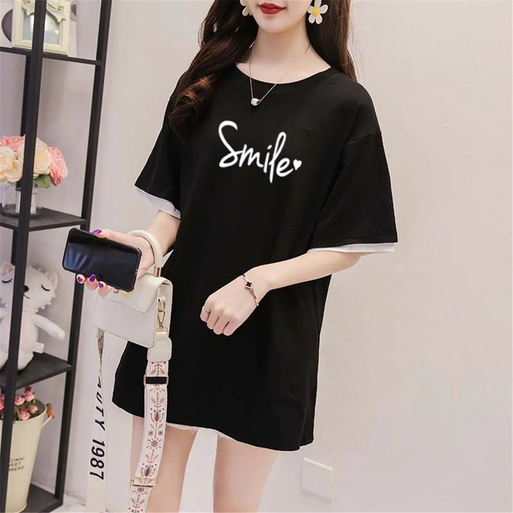 Long T Shirt Women Korean Style Clothes Pastel Pink Large Size Casual Tee Summer Blusas Mujer de Moda 2022 Ropa Top Letter Print