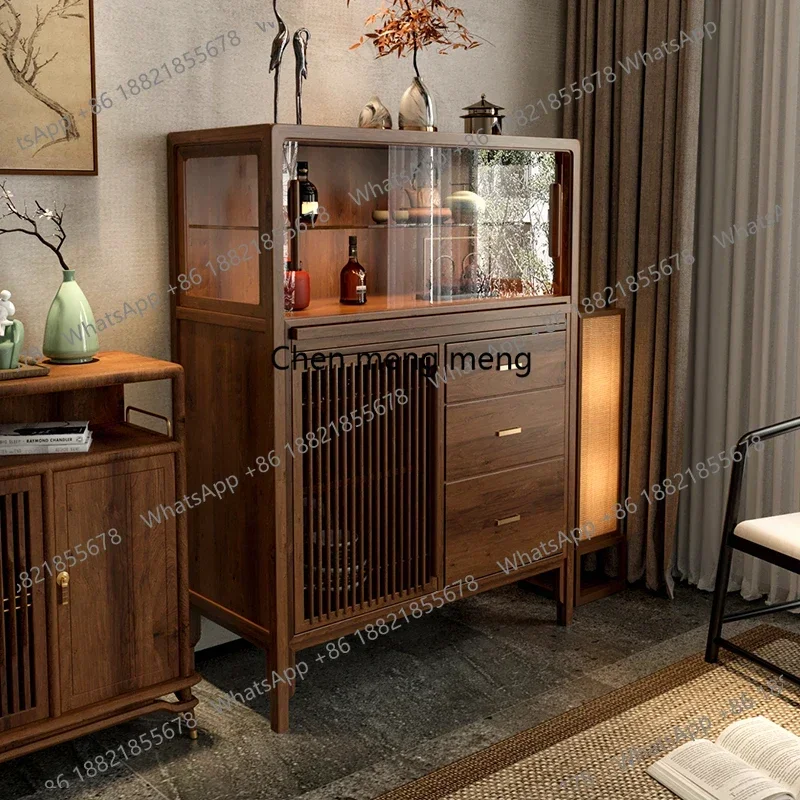 Z136 New Chinese Style Glass Wine Cabinet Solid Wood Living Room Exhibition Tea Room Tea Side Cabinet Walnut Color Office