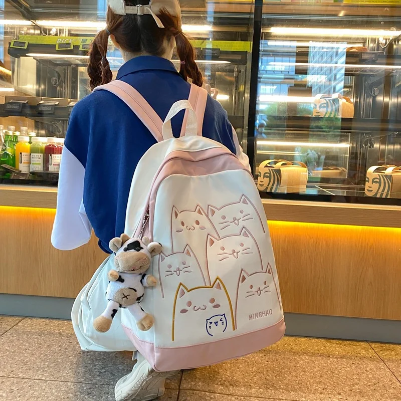 TRAVEASY Cute Cat Bag Women Kawaii Contrast Color Fashion Female Backpack Travel High School Girls Book Bags for Teenage Girls