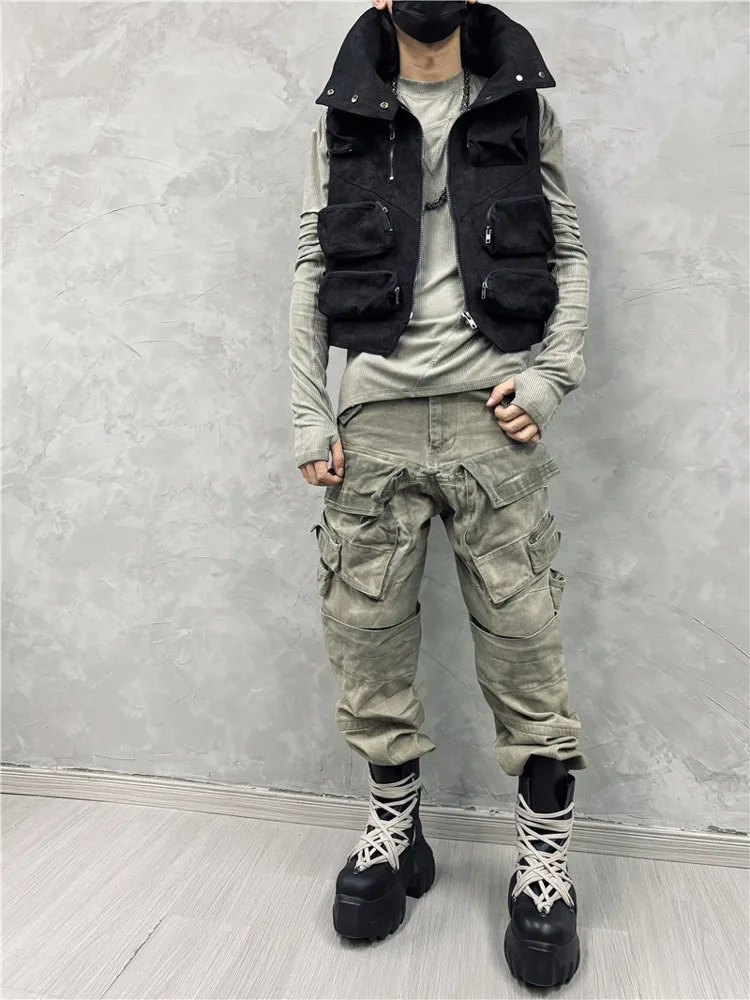 Heavy Retro Vest Mens Waste Soil Wash Water Splicing Three-dimensional Patch Bag Tactical Stand Collar Casual Shoulder Jacket