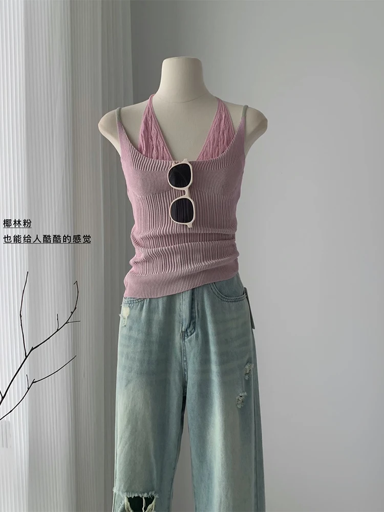 Women Simple Solid Knit Crop Top Vintage Summer Basic Sleeveless Camisole Fashion Bandage Vest Streetwear Casual Off Shoulder