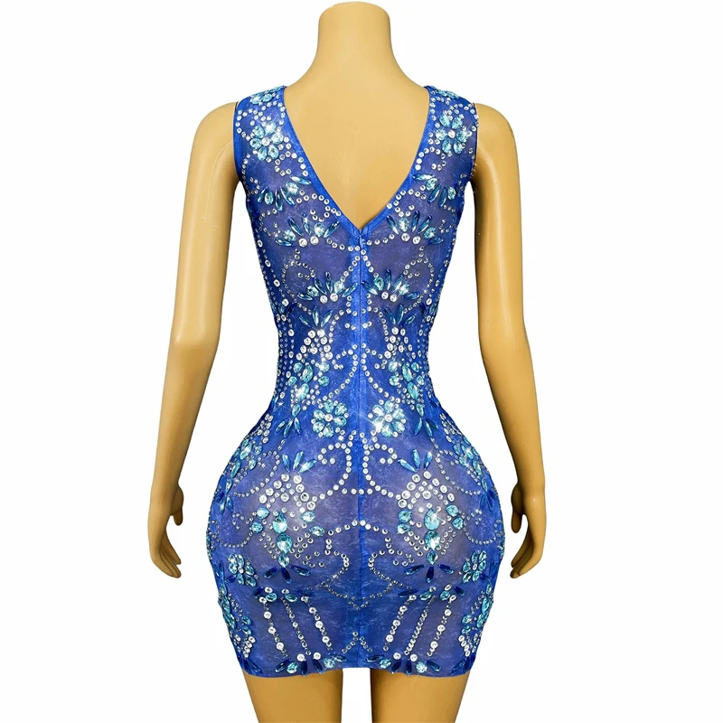 女性はイブニングドレスを祝いますブルーラインストーンパーティードレスステージキャットウォーク衣装ナイトクラブバーフェスティバル衣装XS10155