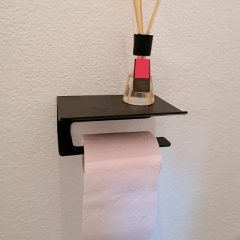 Hot Wall Mounted Black Toilet Paper Holder Tissue Paper Holder Roll Holder With Phone Storage Shelf