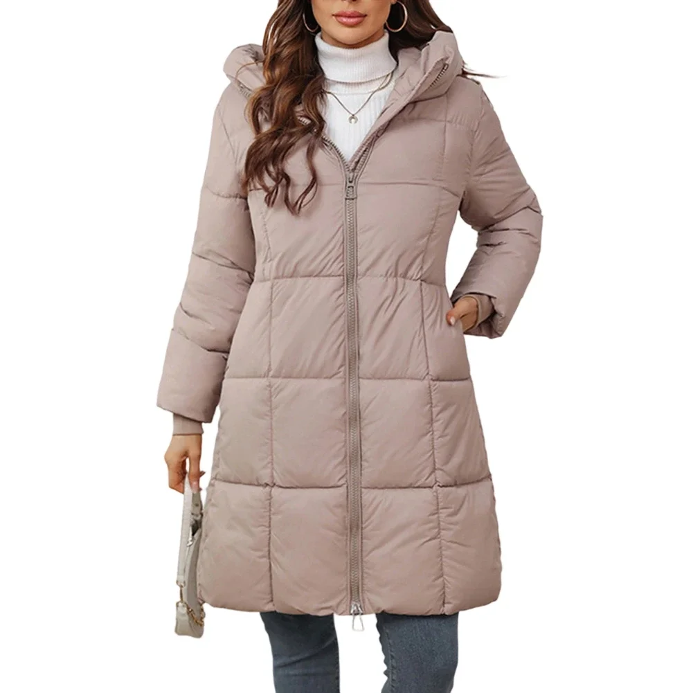 Double Zip Long Women Hooded Parka Coat With Thick Cotton Padding Outerwear Jacket Suitable For Casual Cold Weather Use
