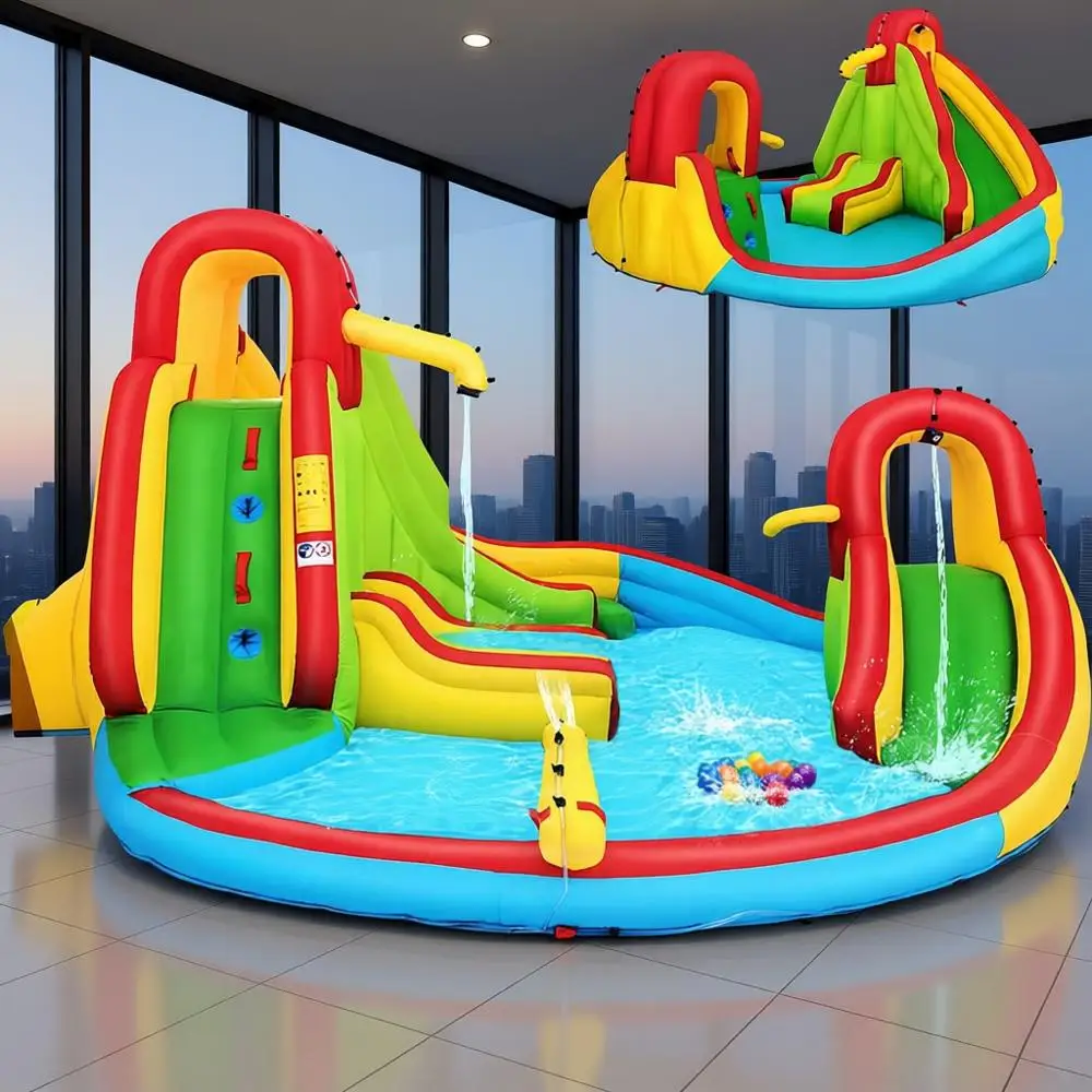 Nadmuchiwany park wodny 7 w 1 z podwójnymi zjeżdżalniami, ścianą do wspinaczki, basenem do zabawy i wodnymi działkami na świeżym powietrzu (w zestawie dmuchawa 480W)