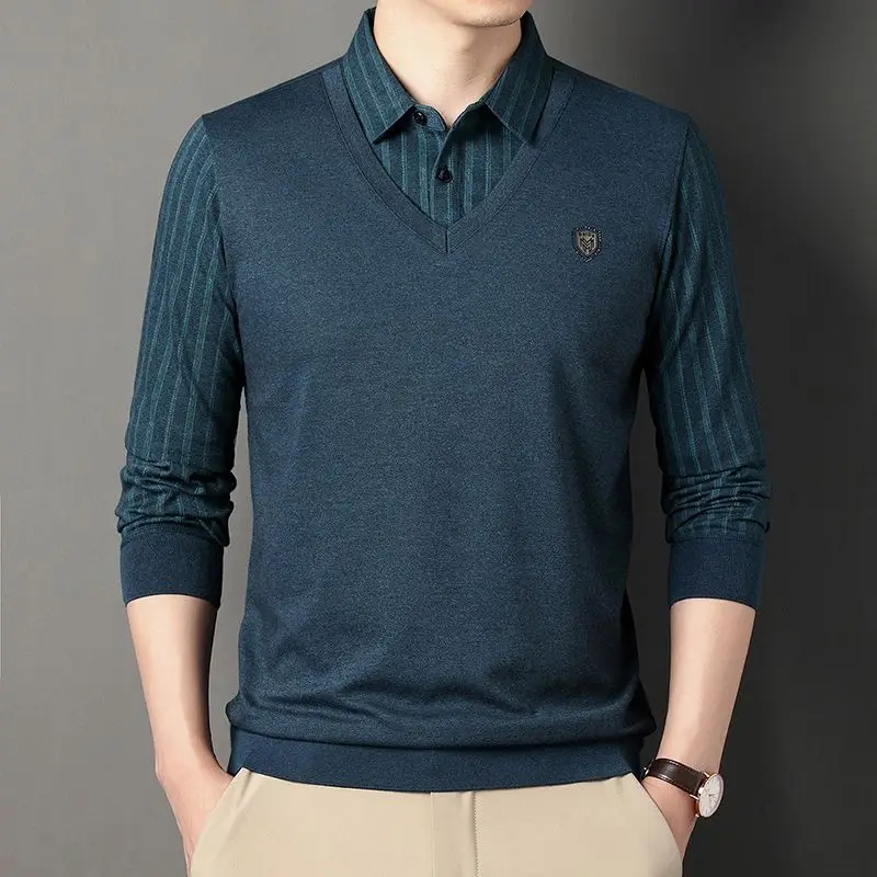 Spring Auturm New Men's Clothing Embroidery Polo Turn-down Collar Long Sleeve Button Solid Ice Casual Breathable Slim Tops