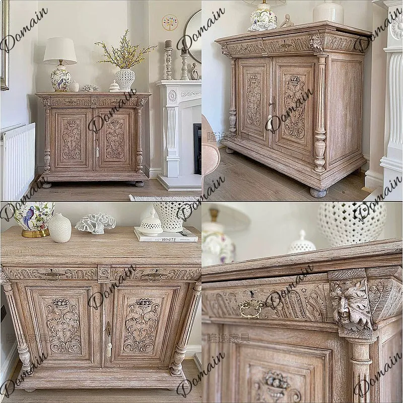 American French Country Solid Wood Entryway Cabinet Antique Distressed Double Door Storage Sideboard Carved Light Luxury Console