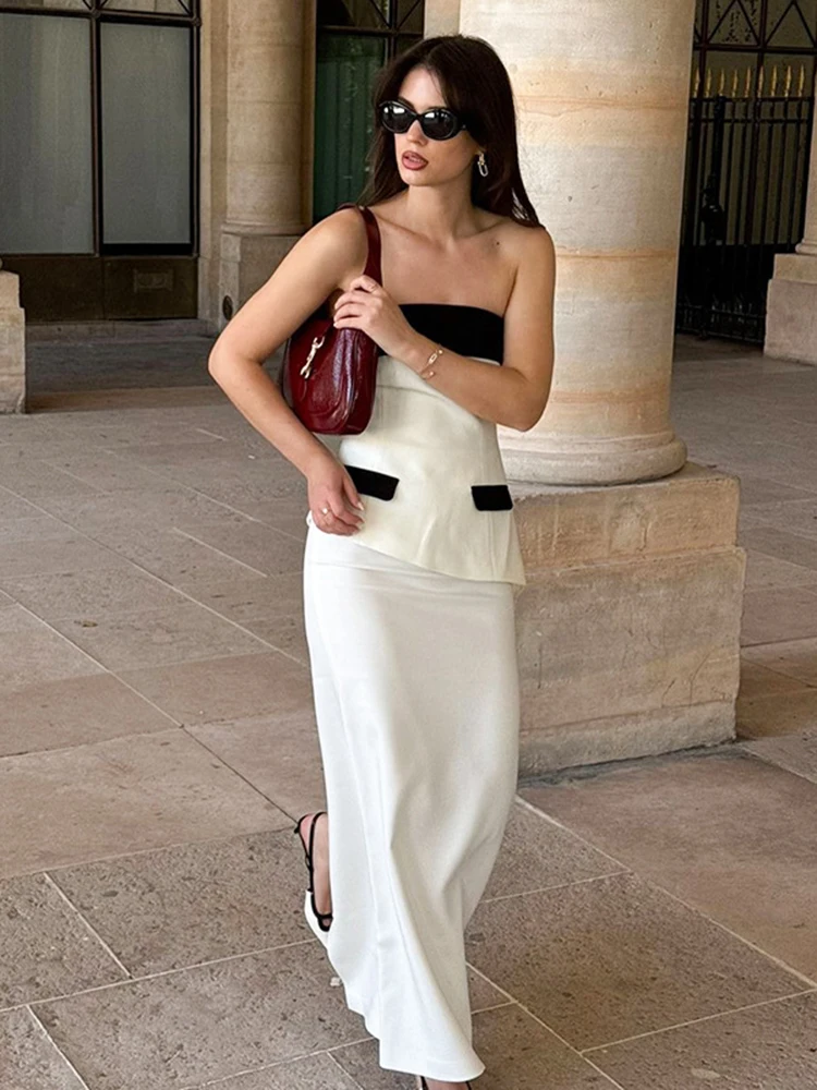 TARUXY Fashion Slim Skirt Suit Women's Elegant Sexy Contrast Color Strapless Top High Waist Split Long Skirt Party Outfits Lady