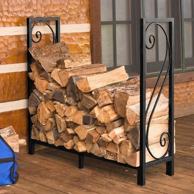 Simple European Black Wrought Iron Floor Standing Log Storage Rack With Divider Decorative Firewood Display Shelf for Home