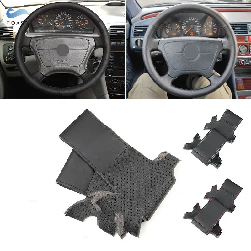 For Mercedes Benz C CL Class W202 C140 1993-1999 E-Class W210 W140 1994 1995 Steering Wheel Cover Leather with Needles & Threads