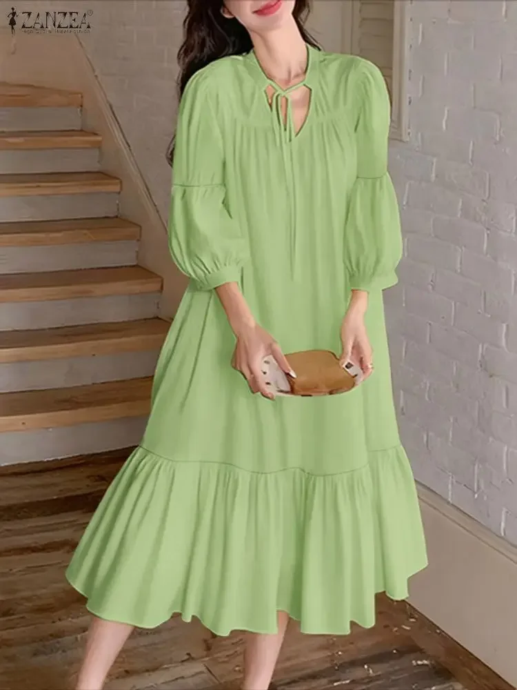 ZANZEA ファッションロングシャツドレス女性エレガントなオフィスストリートウェアミディサンドレス秋フリルパフスリーブ包帯パーティーローブ