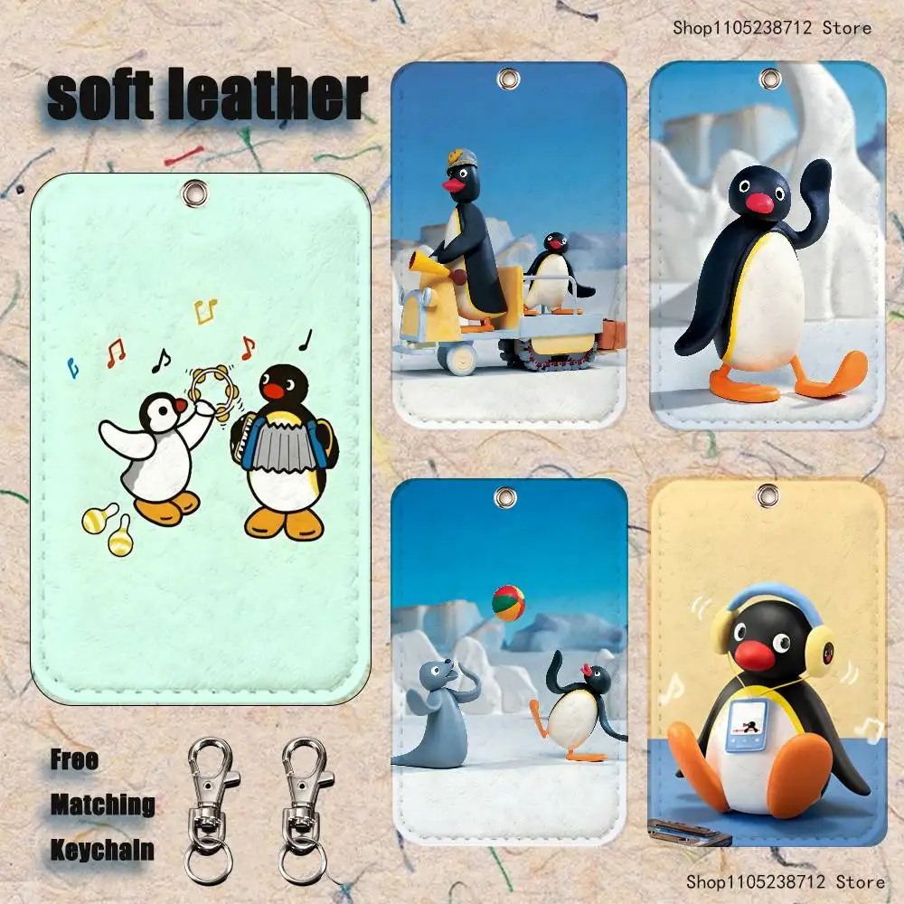 

Penguin P-Pingu Funny Pattern 1Pc PU Leather Card Holder Keychain Key Ring Door Lock Access Tags ID Card Case Keychain Card