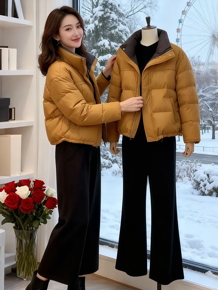 

Высококачественная женская утепленная куртка из хлопка с воротником-стойкой, теплая, для повседневной носки, в корейском стиле, свободного кроя, с длинными рукавами, на молнии