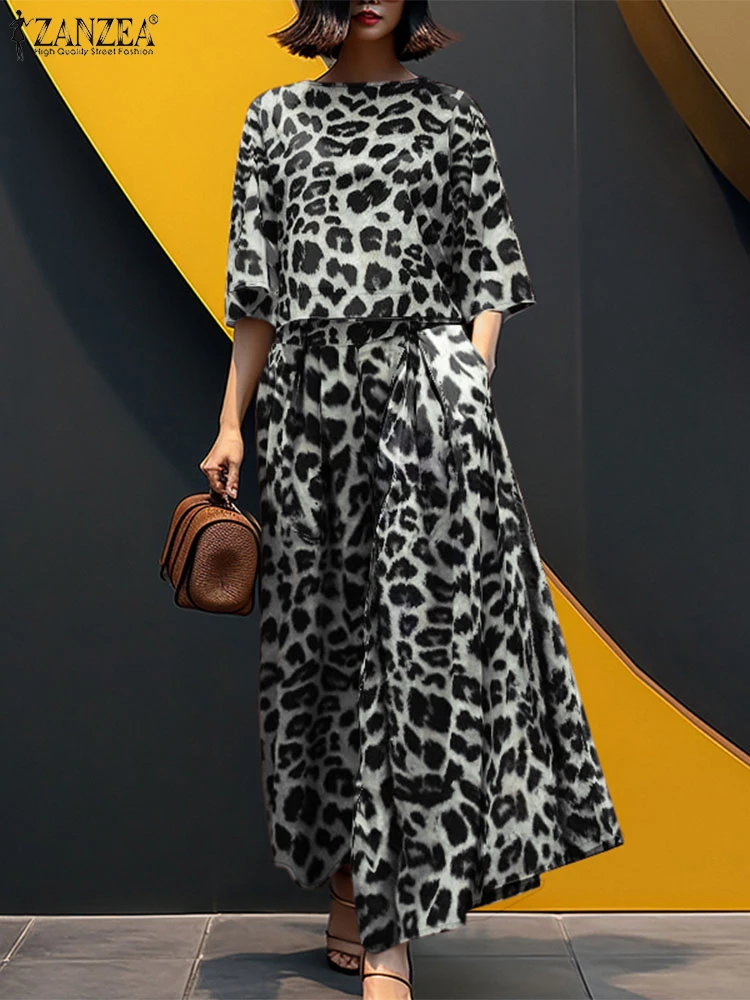 2点セット ヴィンテージ レディース マッチングセット レオパード柄 セットアップ 秋 パンツスーツ ZANZEA カジュアル Oネック 七分袖 ブラウス パンツセット