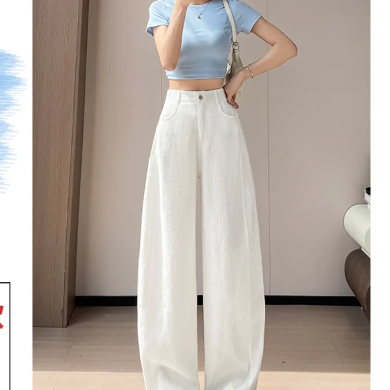 Summer 2026 High Waist Wide Leg Pants Ice Silk Straight Cut Floor Length  Laminate Women's Fashion Casual Trousers